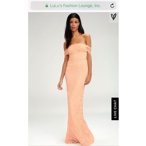 Peach lace off the shoulder dress